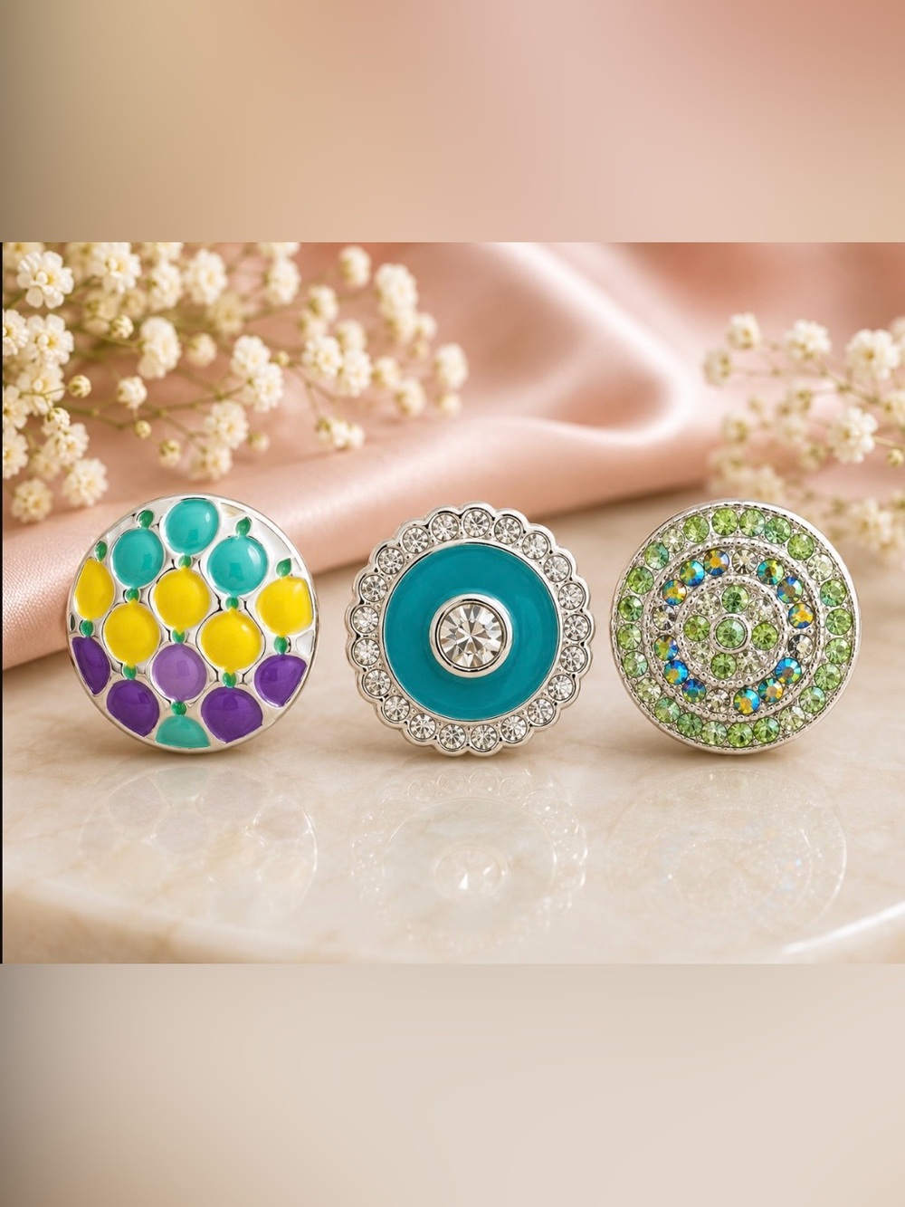 Turquoise Crystal Round Snap dot, Teal,Yellow and Purple, Mint Green Dot